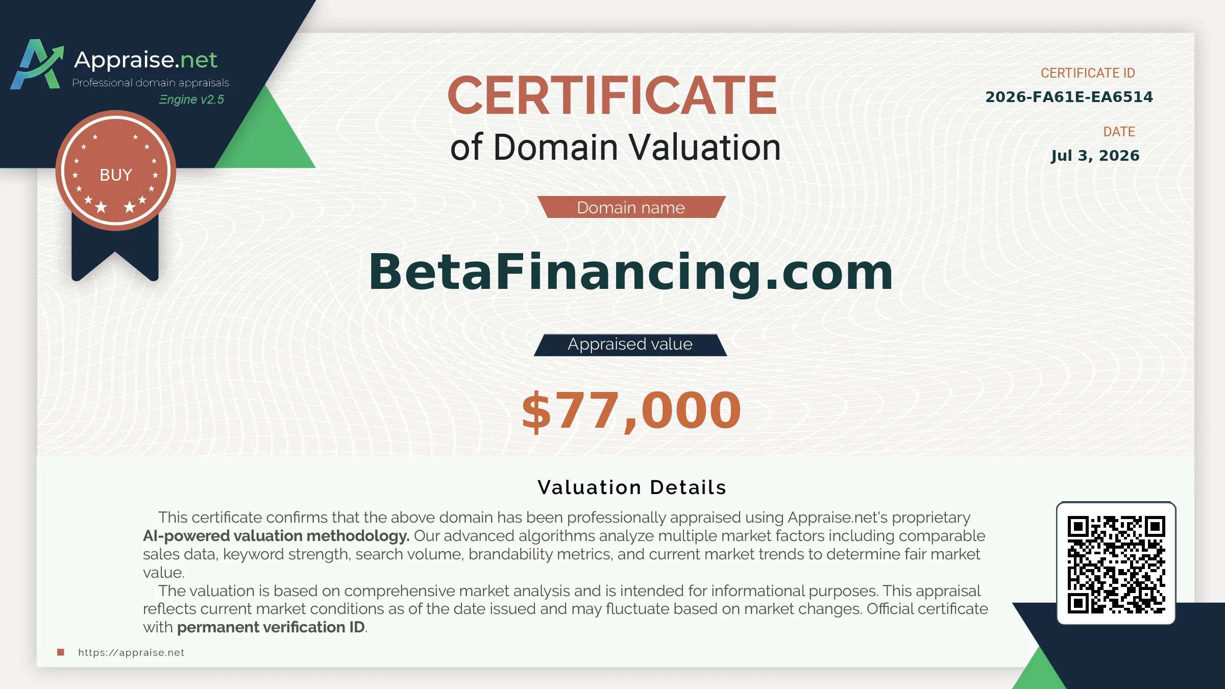 Appraise.net certificate for BetaFinancing.com